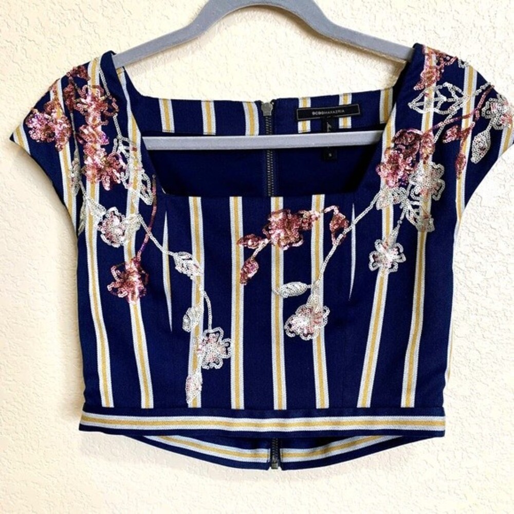 BCBGMaxAzria Blue Blouse women Sequined square neckline crop top size XS
